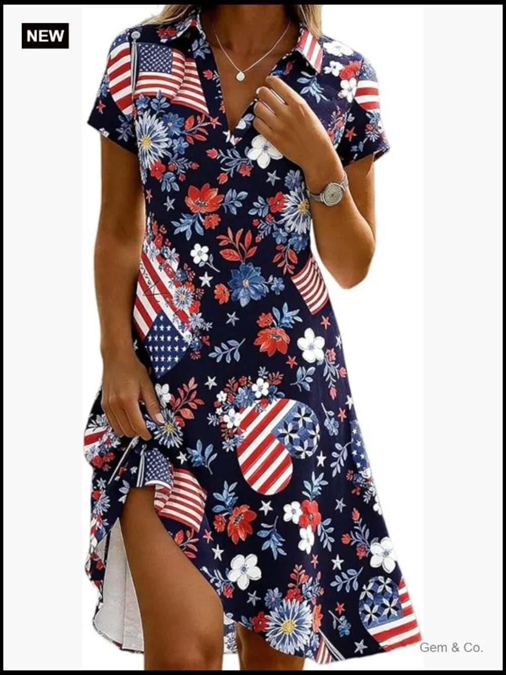 Patriotic Shift Dress Women's Short Sleeve V-Neck with Shawl Collar for 4th of - Picture 1 of 1